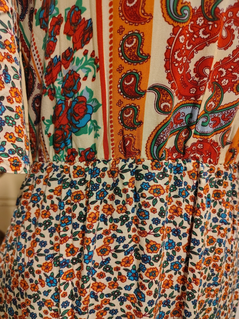 Printed Bohemian V-Neck Maxi Dress in Orange, Red, Blue and Teal - Picture 6 of 16